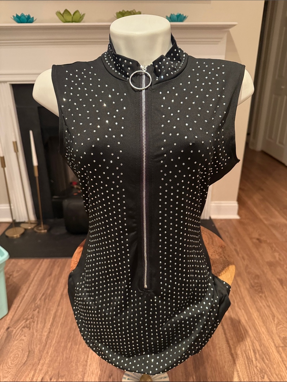 Black Sleeveless Zip Front Top with Silver Studs